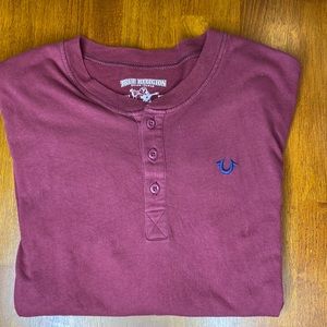 True Religion Burgundy Embroidered Logo Mens Long Sleeve Henley Shirt
